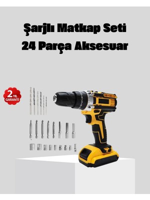 Tech Butiq 24 Parça Çift Bataryalı Akülü Darbeli Matkap – Güçlü Motor, Metal Dişli, LED Işıklı