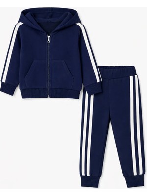 Bubito Yandan Çizgili Fermuarlı Kapüşonlu Spor 2 Li Bebek Alt Üst Takım-Lacivert
