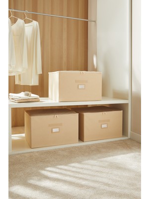 Ocean Home Textile 3'lü Bej Balıksırtı Destekli Kutu Hurç Set 48 x 40 x 30 cm