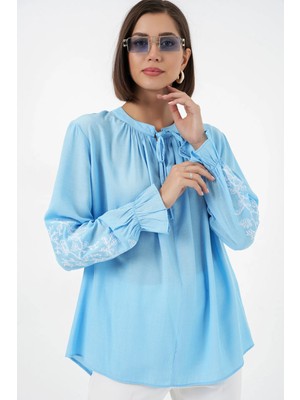 Hiccup Kadınlar Bdart Nakışlı Bağlama Detaylı Bluz Maya Mavisi