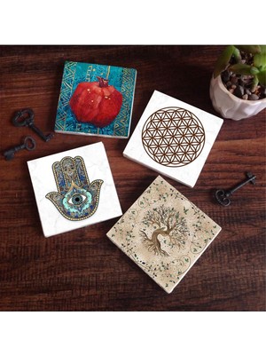 Yaşam Çiçeği, Hayat Ağacı, Nar, Fatma Ana Eli  Taş Bardak Altlığı Seti - 4 Parça - Dekoratif, Rustik Mutfak Aksesuarı, 10X10 Cm, Kaydırmaz Tabanlı, Şık ve Dayanıklı SC152