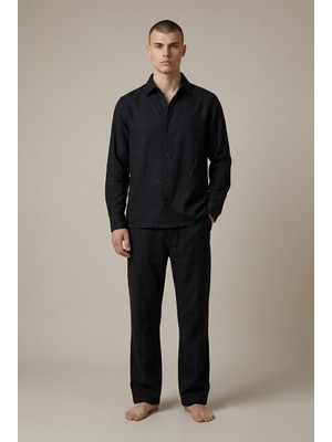 Genie Man Erkek Uzun Kol Siyah Keten Gömlek