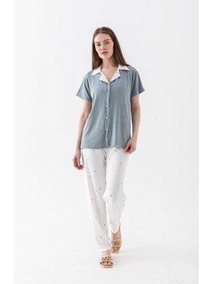 Wega Moda Kadın Gri Yıldız Desenli %100 Pamuk Gömlek Yaka Kısa Kollu Uzun Pijama Takımı