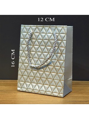 Masa Dostu Gümüş Geometrik Desenli Mini Boy Karton Hediye Çantası