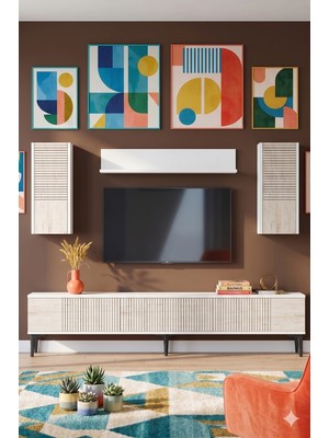 Yumedi Design TVR1819BT - Tarçın Tv Ünitesi Takımı 180CM Beyaz-Traverten