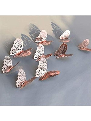 Profisher Ev Dekorasyon 3D Metalik Bakır Renk Oyma Pvc Kelebek 12 Li Süsleme Model Q3