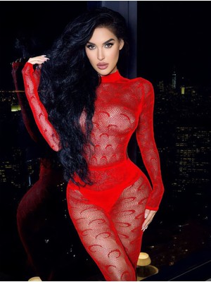 MiraLive Kırmızı Leopar Fileli Kadın Vücut Çorabı - Ultra Esnek Sürdürülebilir