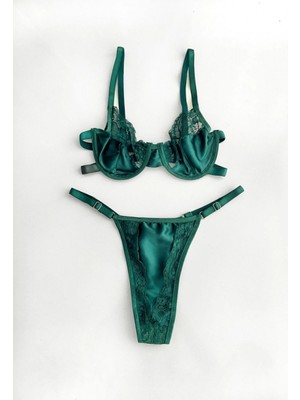 Gece İncisi Yeşil Dantel Detaylı Balenli Sütyen Takım