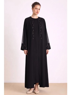 Olcay Taş ve Tül Detaylı Abaya Takım Siyah 9450-TK