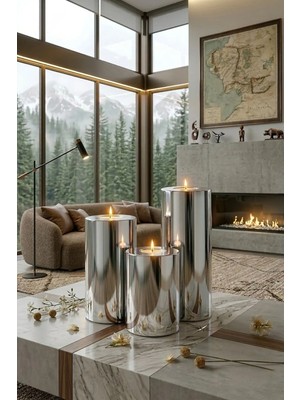 Prime Home Plastik 3 Lü Silver Krom Parlak Yüzey Mumluk Dekoratif  Tealight Set Mum Abs Plastik Gümüş Gümüş 3
