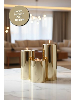 Prime Home 3 3 Lü Gold Krom Parlak Yüzey Mumluk Dekoratif  Tealight Set Mum Abs Plastik Altın Plastik Altın