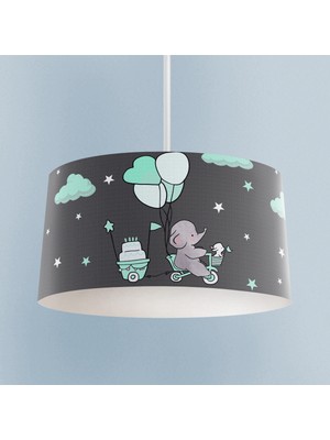 PremiumPort Yeşil Bulutlu ve Bisikletli Fil Desenli Bebek ve Çocuk Odası Avizesi