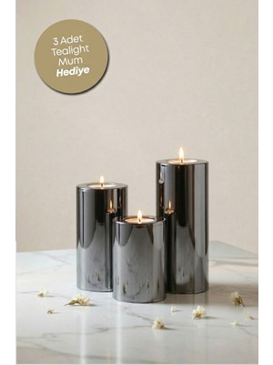 Prime Home 3 3 Lü Füme Krom Parlak Yüzey Mumluk Dekoratif  Tealight Set Mum Abs Plastik Plastik Gri