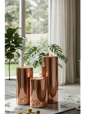 Prime Home Plastik 3 Lü Bakır Krom Parlak Yüzey Mumluk Dekoratif  Tealight Set Mum Abs Plastik 3 Metalik