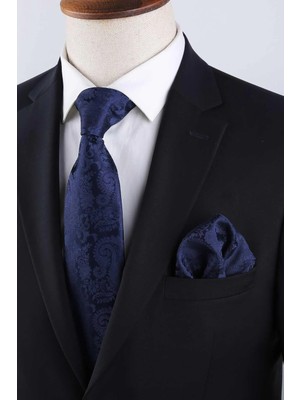 Kravatkolik Lacivert Şal Desen Mendilli Klasik Kravat KK13123, Şıklık Vurgusu ve Mikrofiber Malzeme