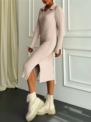 Moda Morfo Yırtmaçlı Geniş Yakalı Triko Elbise  -Açık Vizon