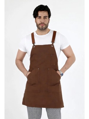 Bilenn Tekstil Barista Askılı Önlük Kanguru Cepli Deri Kemerli - Kahve