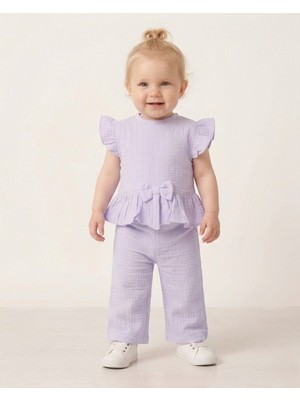 Ege Bebek Kız Bebek Yazlık Müslin Fiyonk Detaylı Pantolonlu, Bluzlu 6-9-12-18-24 Aylık Bayramlık Bebek Takımı