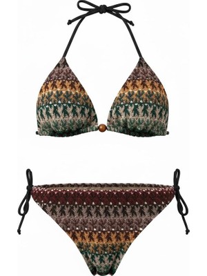Aquella Kendinden Desenli Triko Üçgen Bikini Takım