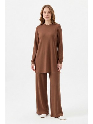 Lale Butik Örme Modal Pantolonlu Takım 19005 Kahverengi