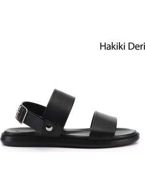 Gönderi(r) Erkek Siyah  Tokalı Hakiki Deri Comfort Sandalet
