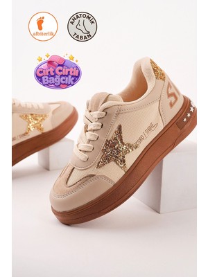 Albishoes Kız Çocuk Yıldız Detay Cırt Cırtlı Bağcık Günlük Sneaker Spor Ayakkabı Yumuşak Rahat Taban