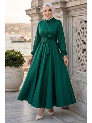 Hafsa Mina Kuşaklı Mevlana Elbise Zümrüt Yeşili HM2105