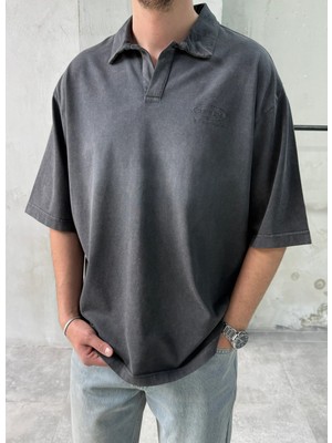 Difransel Jeans Never Lock Nakışlı Yıkamalı Antrasit Polo Yaka T-Shirt