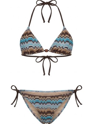 Aquella Kendinden Desenli Çok Renkli Triko Üçgen Bikini Takım Kadın Beden 40 Yaz Stili