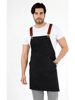 Bilenn Tekstil Barista Askılı Önlük Kanguru Cepli Deri Kemerli - Füme