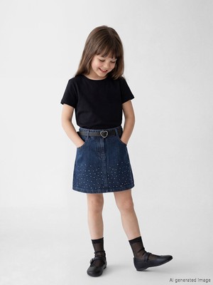 Lcw Indigo Kız Çocuk Taşlı Jean Etek ve Kemer