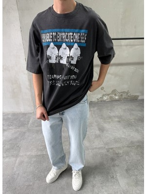 Difransel Jeans Figür Baskılı Yıkamalı Antrasit T-Shirt