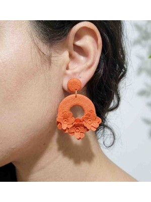 Ödül Moda Polimer Kil Özel Tasarım Çiçekli Küpe Turuncu