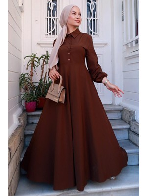 Hafsa Mina Kuşaklı Mevlana Elbise Kahverengi HM2105
