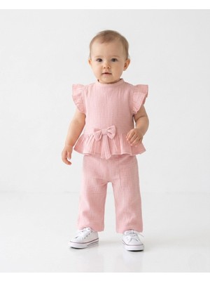 Ege Bebek Kız Bebek Yazlık Müslin Fiyonk Detaylı Pantolonlu, Bluzlu 6-9-12-18-24 Aylık Bayramlık Bebek Takımı