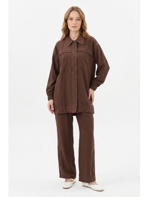 Lale Butik Dikiş Detaylı Cupra Modal Pantolonlu Takım 14405 Kahverengi