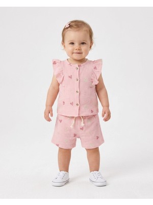 Ege Bebek Kız Bebek Yazlık Müslin Kalp Nakışlı Şortlu, Gömlekli 6-9-12-18-24 Aylık Bayramlık Bebek Takımı