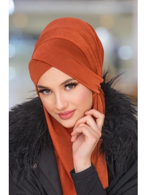 Aişe Tesettür Kiremit Çapraz Bantlı Medium Size Hijab - Hazır Şal
