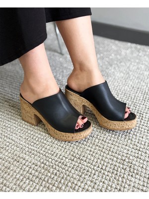 Asmi Shoes Kadın Siyah Cilt Deri Mantar Taban Ortopedik Platform Topuk Terlik