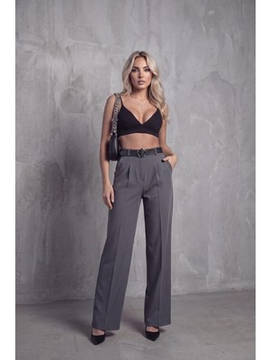 Haka Giyim Kadın Palazzo Kalıp Kumaş Pantolon Ithal Doubleface Kumaş Kemerli