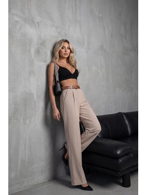 Haka Giyim Kadın Palazzo Kalıp Kumaş Pantolon Ithal Doubleface Kumaş Kemerli