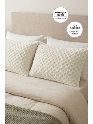Evien Home Kürklü Peluş 2'li Yastık Kılıfı 50X70 cm Polo Yumuşak Supersoft Dekoratif Wellsoft Bej
