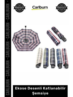 Carlburn Özel Üretim Rüzgara Dayanıklı Çelik Iskelet Su Itici Kaliteli Ekose Desenli Katlanabilir Şemsiye