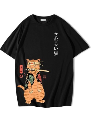 Brz Collection Unisex Oversize Ninja Cat T-Shirt Siyah