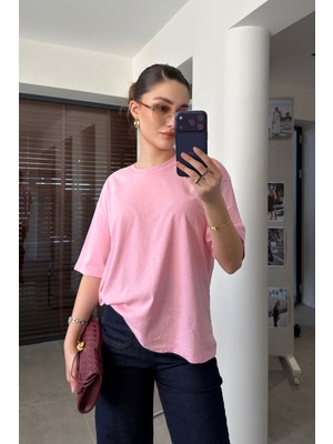 Magarde Yıkamalı Bisiklet Yaka Premium Tişört- Pembe