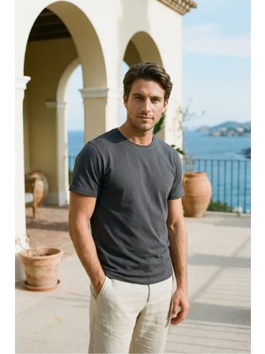 Mero Life Unisex Slim Fit Dar Kesim % 100 Pamuk Yumuşak Dokulu Bisiklet Yaka Antrasit Tişört