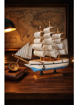Biton Toptan Büyük Boy El Yapımı Ahşap Yelkenli Gemi Maketi 24 x 24 cm – Dekoratif Masa Üstü Premium Hediye 529A