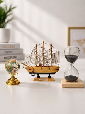 Biton Toptan Dekoratif 3’lü Ofis Masa Seti Yelkenli Gemi, Manyetik Kum Saati ve Cam Dünya Küresi Premium Hediye K