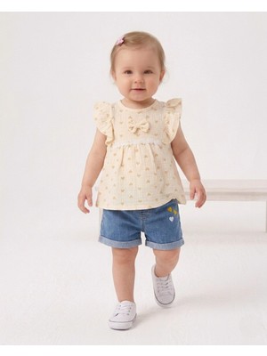 Ege Bebek Kız Bebek Yazlık Kot Şortlu Müslin Bluzlu 6-9-12-18-24 Aylık Şık Bebek Takımı