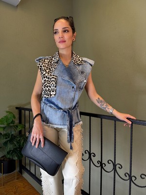 Ali Butik Leopar Detaylı Denim Yelek